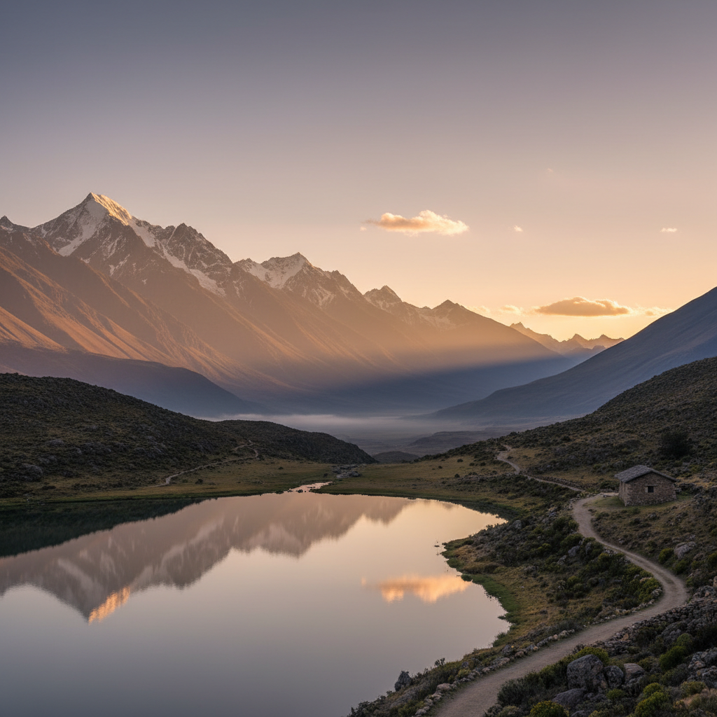 Paisaje tranquilo de las montañas de los Andes con luz suave de atardecer