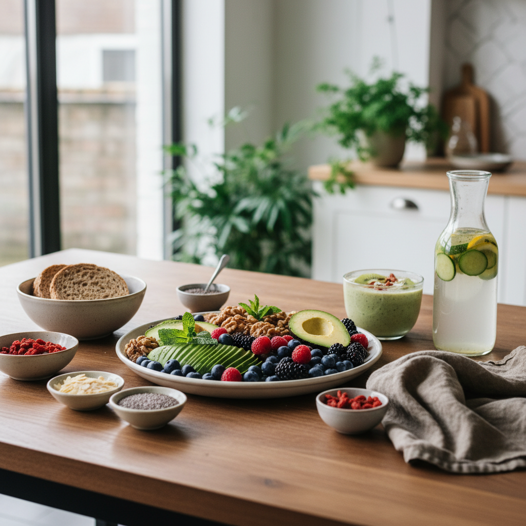 Mesa con diversos alimentos saludables como aguacate, nueces y bayas