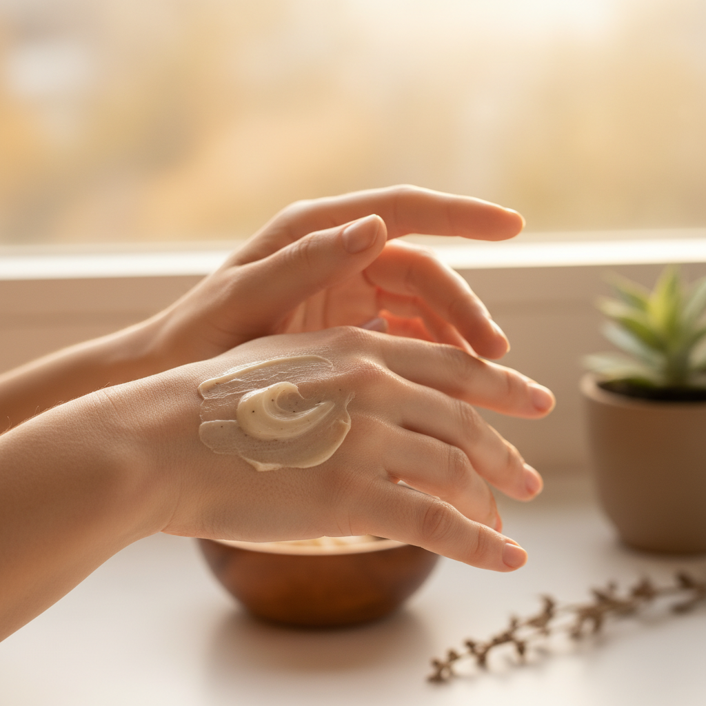 Persona aplicando suavemente una crema natural en las manos con luz cálida