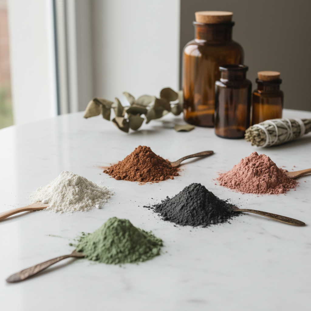 Varios tipos de arcillas cosméticas en polvo de diferentes colores