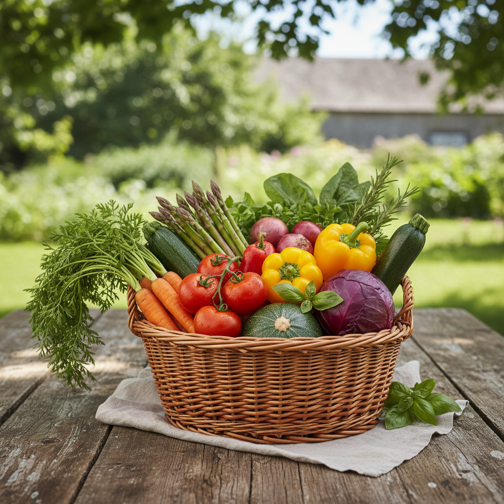 Cesta de mimbre con vegetales frescos recién cosechados