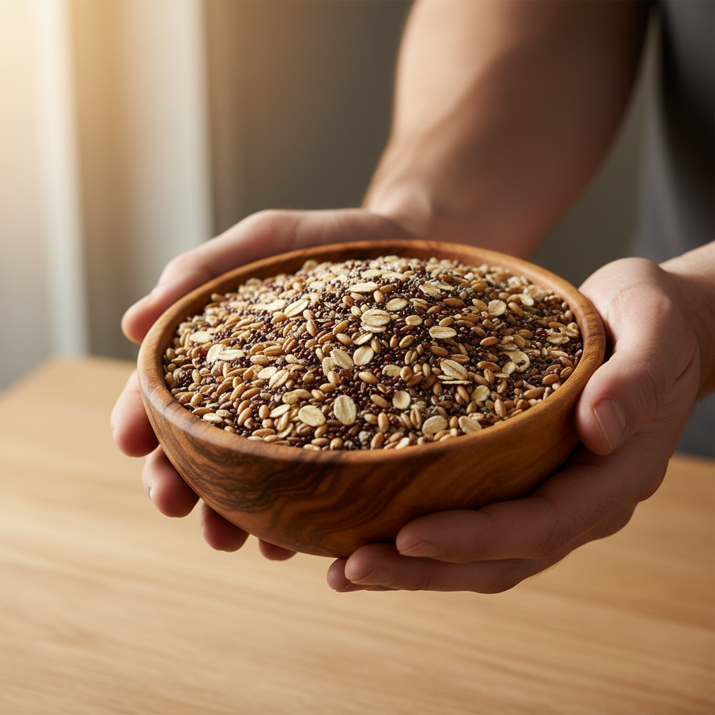 Manos sosteniendo un cuenco de madera con granos integrales