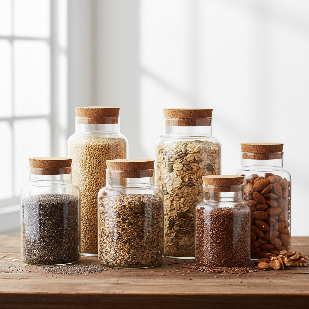 Selección de granos integrales y semillas en recipientes de vidrio