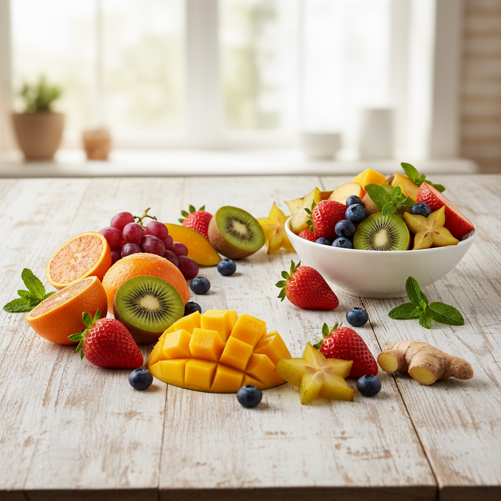 Frutas frescas de temporada dispuestas artísticamente sobre una mesa de madera