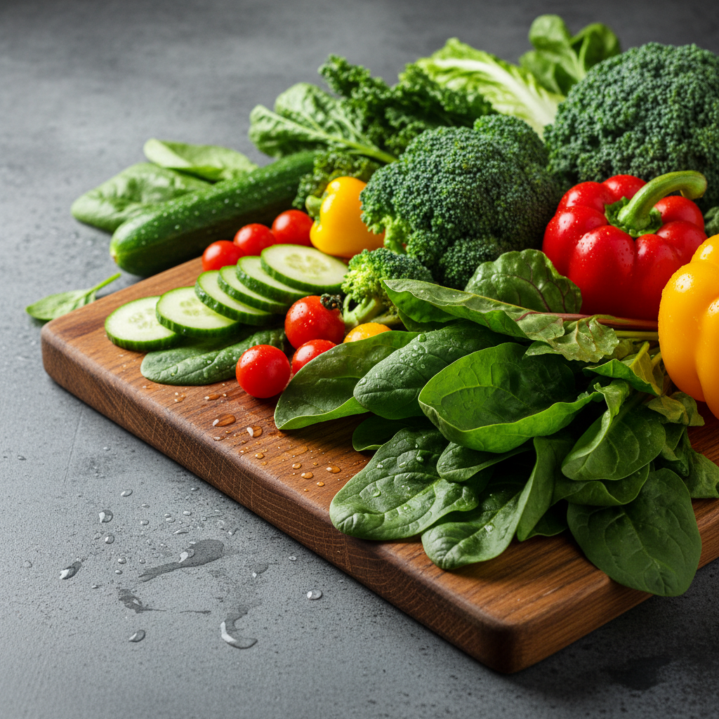Verduras de hoja verde y hortalizas frescas con gotas de agua