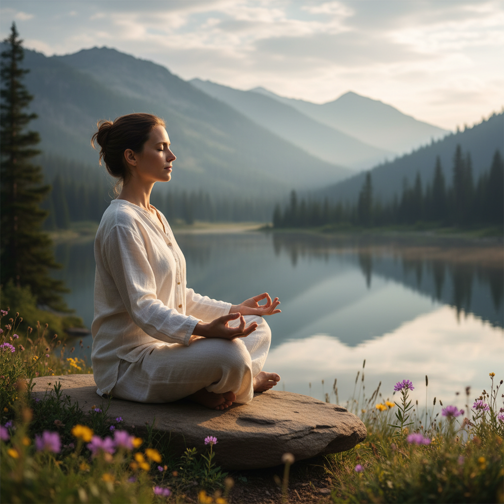Persona meditando en una posición relajada con los ojos cerrados en un entorno natural